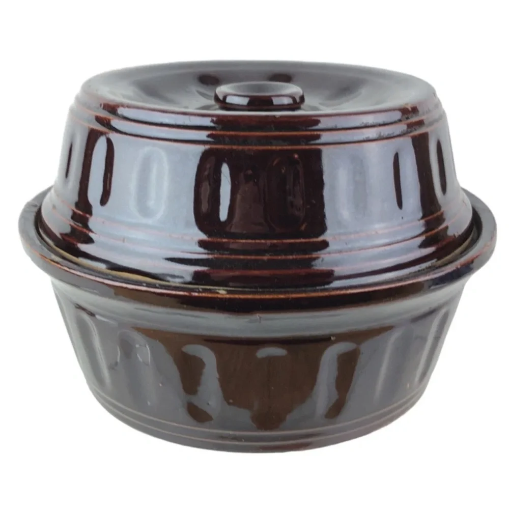 Vintage Antique Brown Glazed Stoneware Bean Pot Covered Baking Dish USA